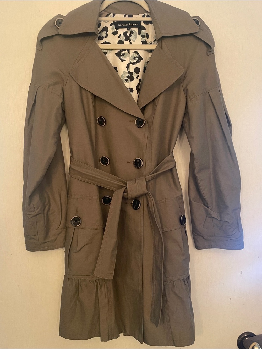 Vintage Nanette Lepore Olive Trench Coat with Leopard Print Lining